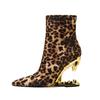 Fashion Size 35-43 Gold Silver Tiger Teeth Heel Women's Short Boots Brand 2025 European and American Style Leopard Pattern Pointed Shoes