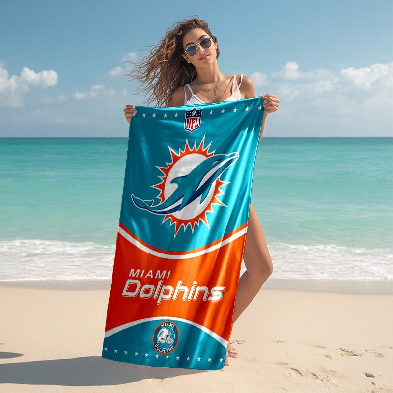 proof beach towel with Miami Dolphins logo pattern - soft,absorbent,quick-drying,machine washable - perfect for swimming,camping,bathing