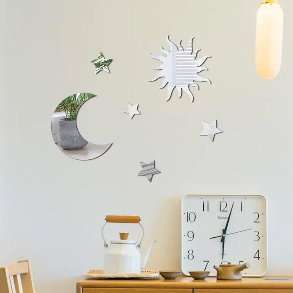 6PCS DIY Star Moon Decals Gold Silver Gold Decorative Decal Mirror Wall Stickers Home Decoration