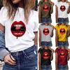 Women Girls Plus Size Lips Print Shirt Short Sleeve T Shirt Blouse Tops