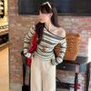 Contrasting Color Striped Long-sleeved T-shirt Women's Autumn New Temperament Versatile Slanted Shoulder Student Slim-fitting and Thin Top