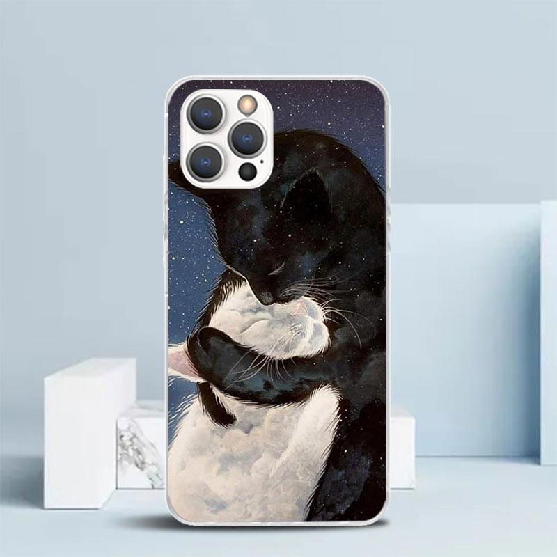 Мультяшный Милый Черный Кот Чехол Для Телефона Для IPhone 16 17 Air 16E 15 14 Plus 13 Mini 12 11 Pro Max 7 8 + SE 2020 Мягкий ТПУ Задняя Крышка 16