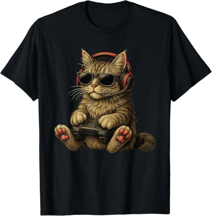 Котёнок Кот Играет в Видеоигры Винтажная Забавная Кошка Игровая Футболка