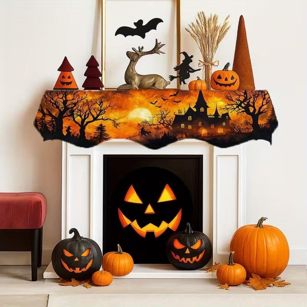 Country-Style Halloween Mantel Scarf Scalloped Edge Spooky Fireplace Topper Home Living