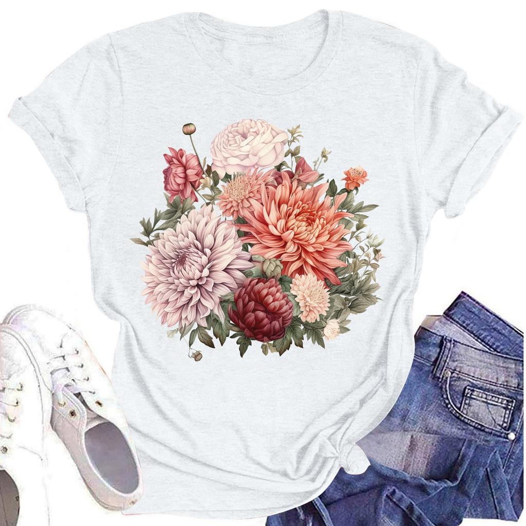 Women's Casual Round Neck Floral Print Short Sleeve T-Shirt Top