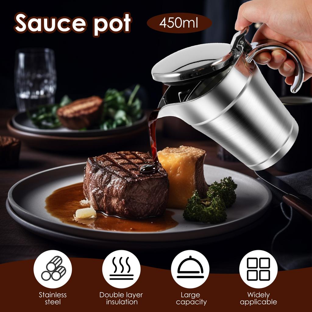450ML Sauce Dispenser Double Insulated Sauce Gravy Boat Stainless Steel Vinaigrette Pot with Hinged Lid for Restaurant Household