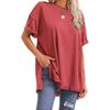 Womens Solid Color Cotton Blend Short Sleeve T-Shirt Loose Fit Round Neck Side Slit Casual Top