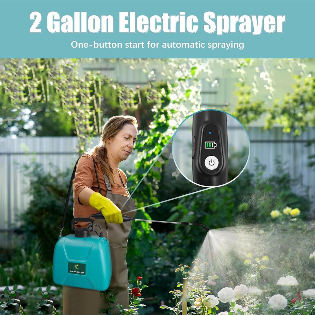 2 Gallon Battery Powered Garden Sprayer,Electric Sprayer with USB Rechargeable Handle,Retractable Wand,Water Pump Sprayers with Adjustable Shoulder