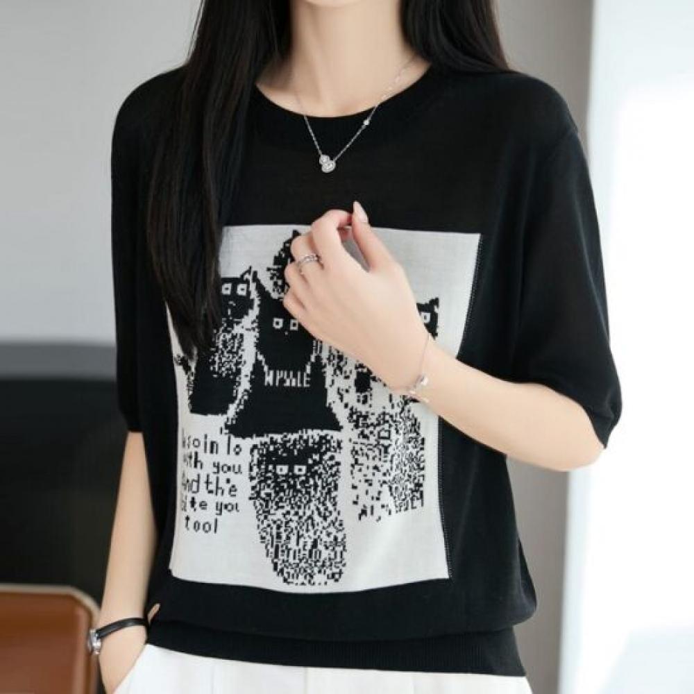 Navava Women DoT CaT PrinTing Round Neck ShorT Sleeve KniT T shirT Nk3678