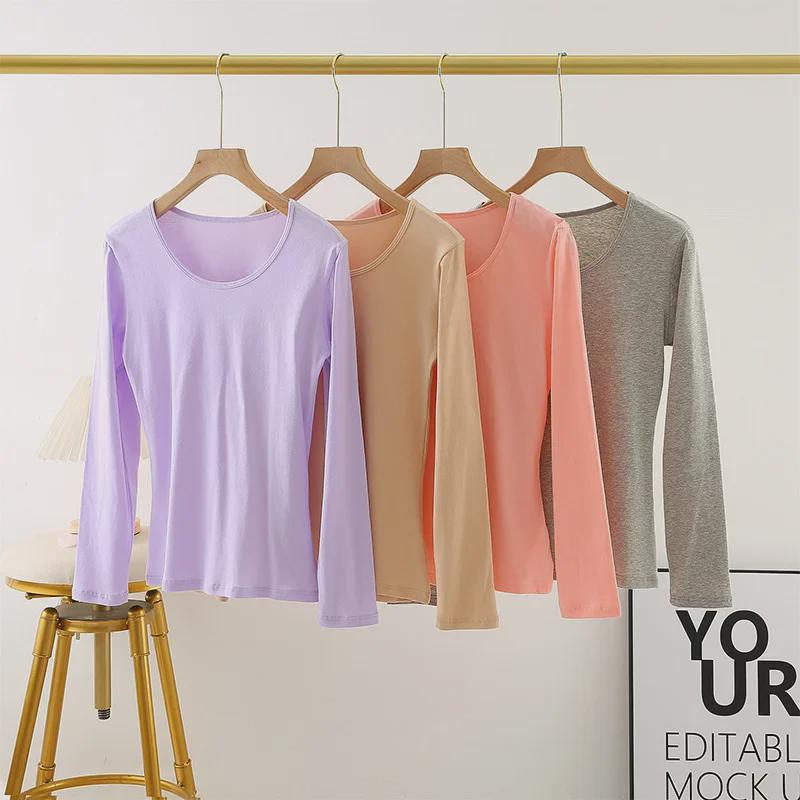 Женский термосвитер из чистого хлопка с длинными рукавами - круглый вырез, теплый топ на осень/зиму