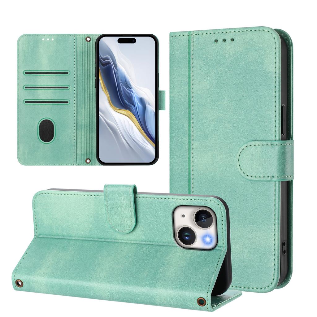 For iPhone 15 Cases Wallet Stand Retro Texture Leather Phone Cover with Lanyard
