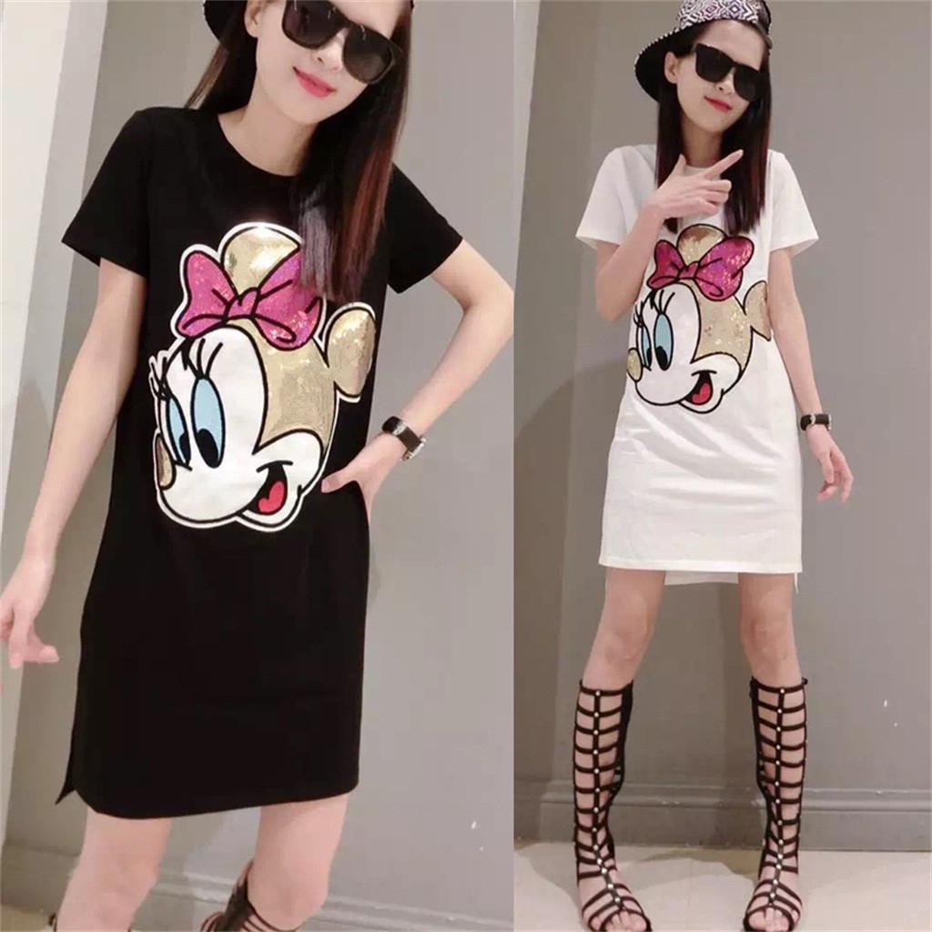 Summer New Loose Large Size Cartoon Sequins Short-sleeved T-shirt Dress Female