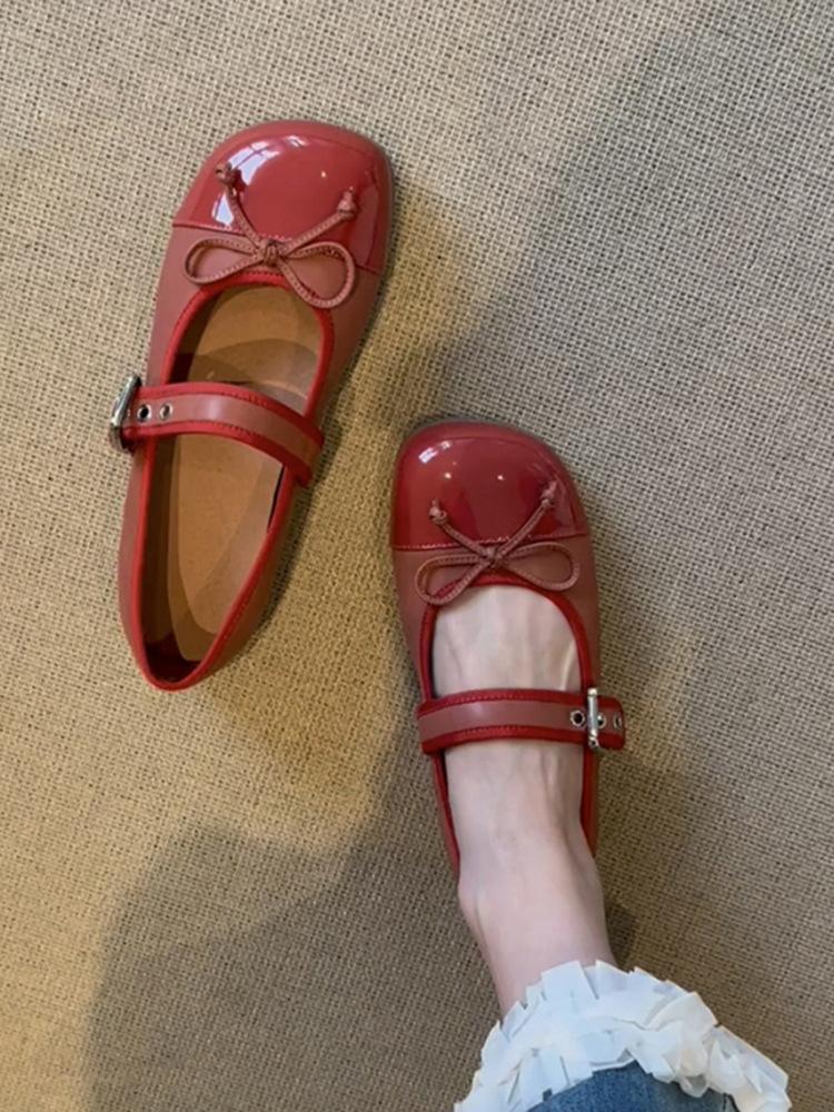 Туфли Мэри Джейн с французским бантом и мелким горлом для детей 2025 года, новые красные туфли на плоской подошве, одинарные туфли