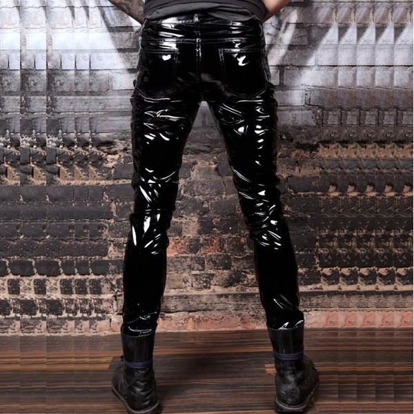 Black Wet Look Latex Men Pants Liquid Trousers for Men Motorcycle Leather Pants Rock Style Pants