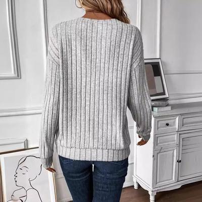 Осень и Зима Новая Популярная Трикотажная Футболка с Длинным Рукавом и V-образным Вырезом Повседневный Однотонный Топ Женская Одежда