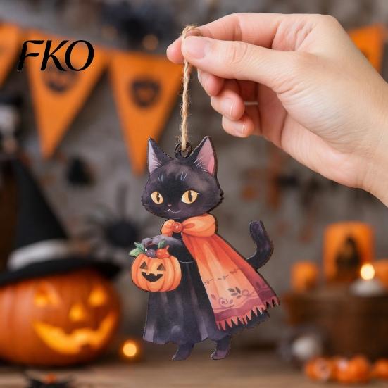 Halloween Party Hanging Decor Witch Cat Wooden Ornament, Decorative Pendant, Rustic Pumpkin Ornament Cute Holiday Favors for Tree And Window