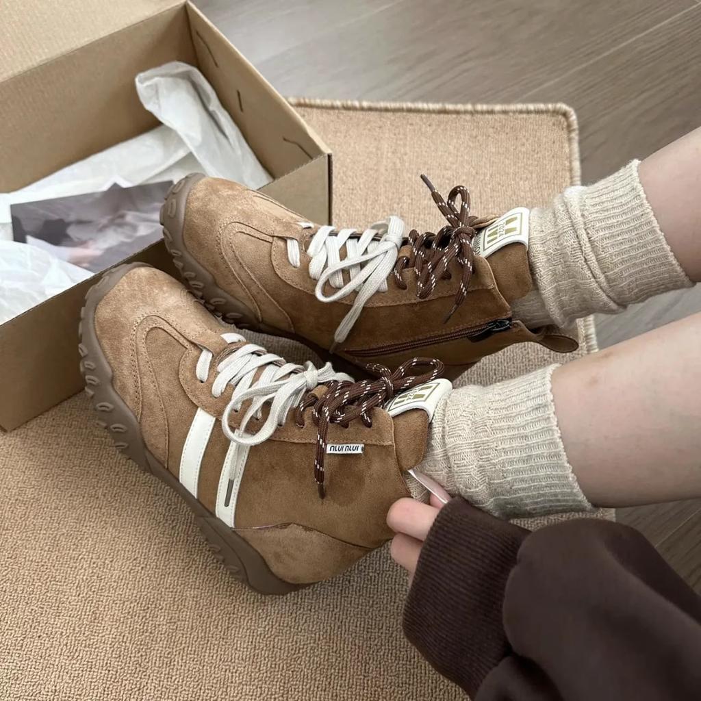 Inner Height Increase Small Boxing Boots Women's Leather Two-color Shoelaces Small Size Short Boots Retro Casual Sports Martin Boots Tide