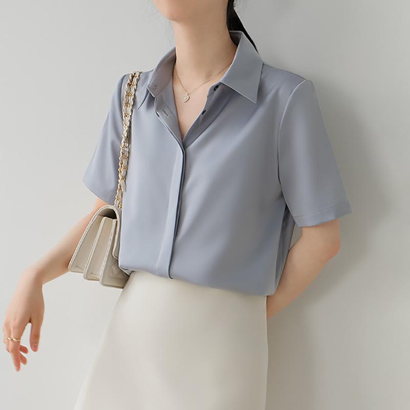 Women's Ash Blue Satin Long Sleeve Shirt - Retro Hong Kong Style, Spring Commute, Concealed Placket, Versatile Drapey Blouse