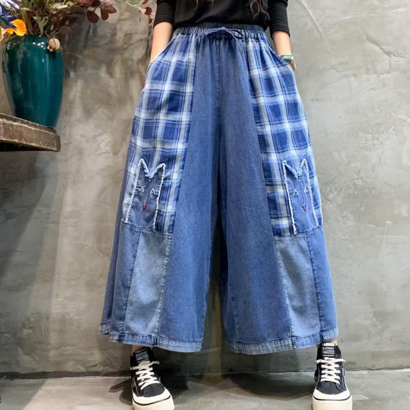 Корейский стиль ретро цвета соответствия мягкие джинсы женские эластичный пояс свободные большие размеры повседневные широкие брюки