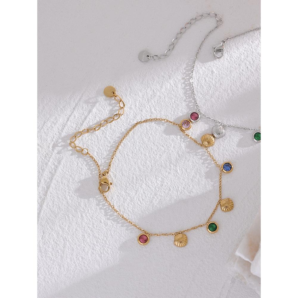 Yhpup Colorful Shiny Cubic Zirconia Shell Stainless Steel Summer Anklet Fashion Trendy Foot Chain Jewelry for Women Bijoux Femme