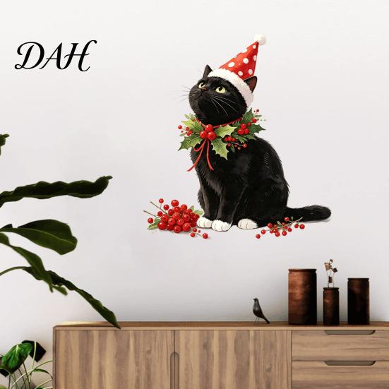 Durable Holiday Window Art Christmas Cute Black Cat Wall Sticker, PVC Decal with Polka Dot Cone Hat Creative Gift for Lovers And Red