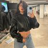 Vintage Faux Leather Zipper Crop Jackets Women Full Sleeve Pockets Hoodie Coat Autumn Hipster High Street Outwear