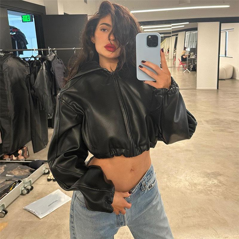 Vintage Faux Leather Zipper Crop Jackets Women Full Sleeve Pockets Hoodie Coat Autumn Hipster High Street Outwear
