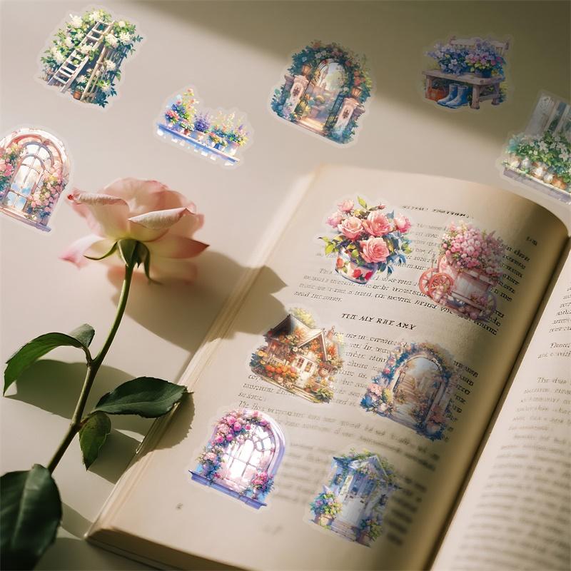 56PCS Kawaii Flower House PET Sticker Aesthetic Decoration Scrapbooking Stationery DIY Hand Accounting Supplies for Kids