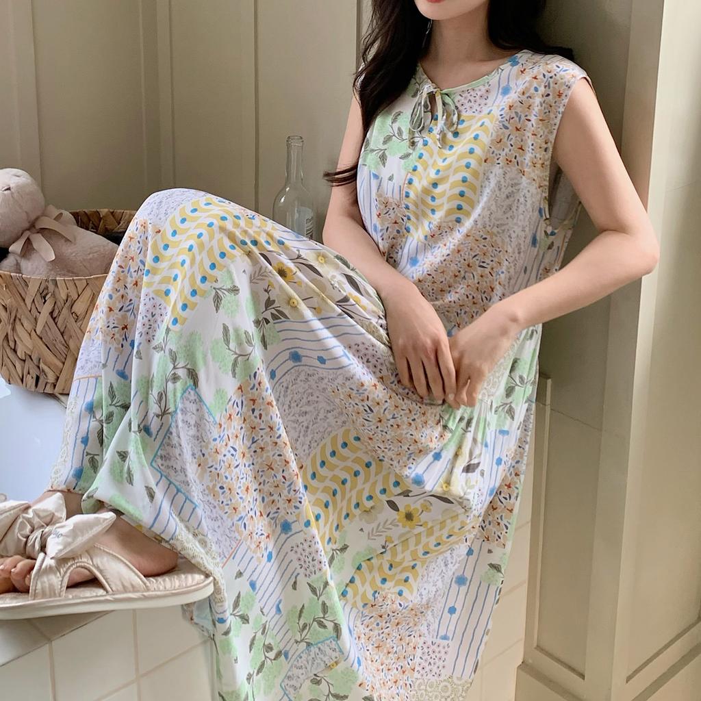 New Chinese sleeveless nightdress women's summer plant flower green cotton silk skirt high-end loungewear national style long skirt thin