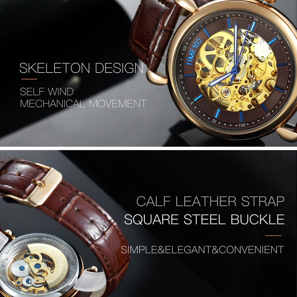 TIME100 Watch Mechanical Watch Waterproof Arm Watch Skeleton Watch Business Easy To Read Analog Stylish Gentleman Watch for Men Yellow Men's