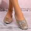 Женская весенне-летняя новая женская обувь с блестками, мерцающая, с мелким вырезом, женские туфли-лодочки, квадратный носок, плоская подошва, блочный каблук, повседневные туфли-лодочки