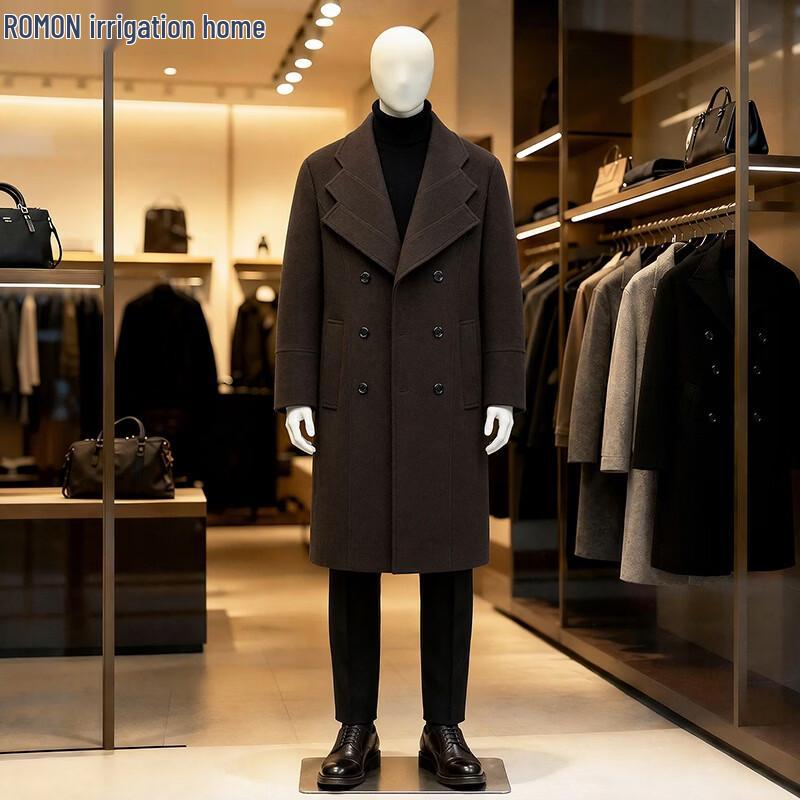 ROMON Men's Korean Style Double-Breasted Wool Blend Overcoat