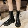 Mid Calf Boots Lace-up Women's Boots Pu Leather Platform Boot Non-Slip Zipper Ankle Boots Fashion Chunky Heel Women Shoes Botas