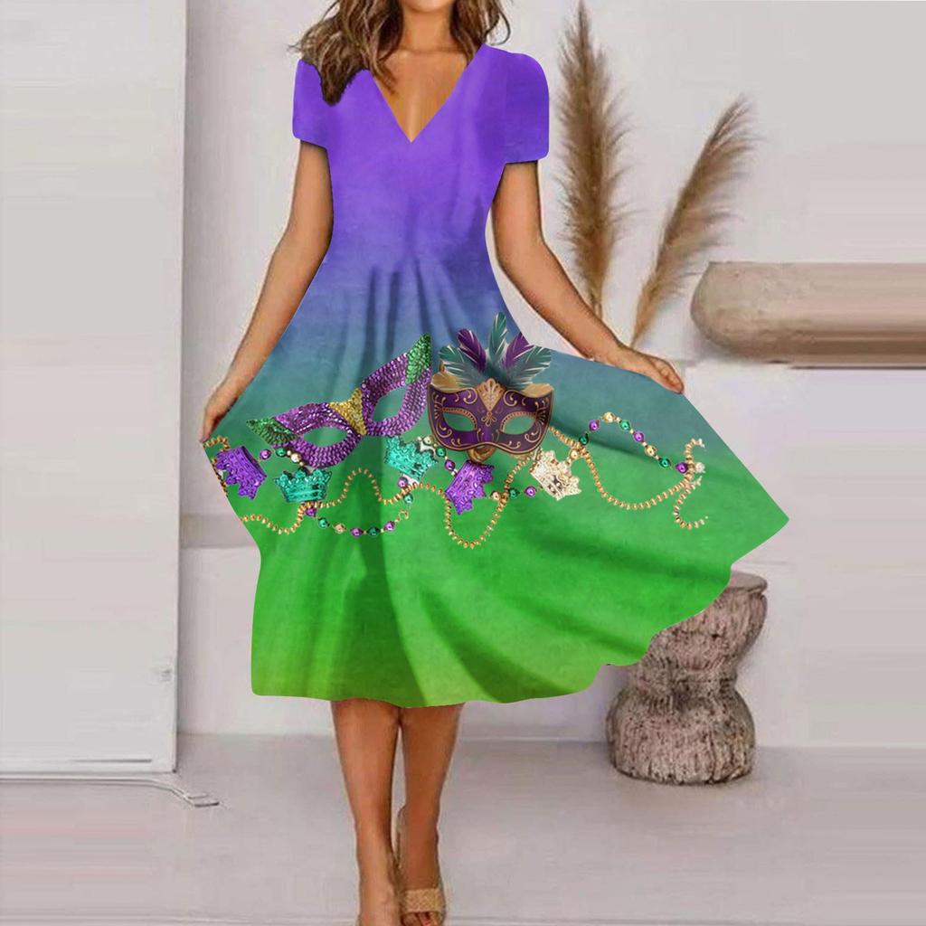 Женское летнее повседневное модное свободное платье с коротким рукавом и v-образным вырезом с принтом