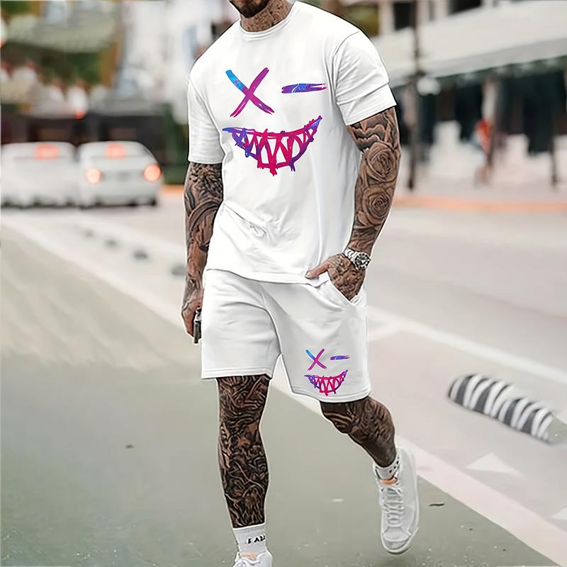 Мужской костюм, летний повседневный дышащий освежающий костюм с принтом 3D Evil Face, большой мужской свободный топ, модный с короткими рукавами