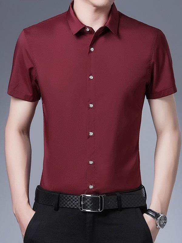 Men's Summer Solid Color Short-Sleeve Turn-Down Collar Shirt - Casual and Workwear Top