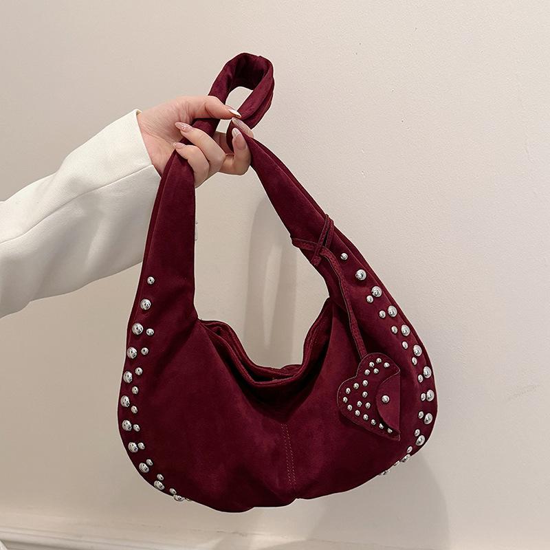 Сумки подмышками из искусственной замши в форме полумесяца для женщин, роскошные дизайнерские сумки и кошельки, винтажная сумка через плечо со стразами и заклепками