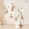 Women Plus Size V Neck Three Quarter Sleeve Brown Beige Printed Flared Top Flared Pants Two Piece Set