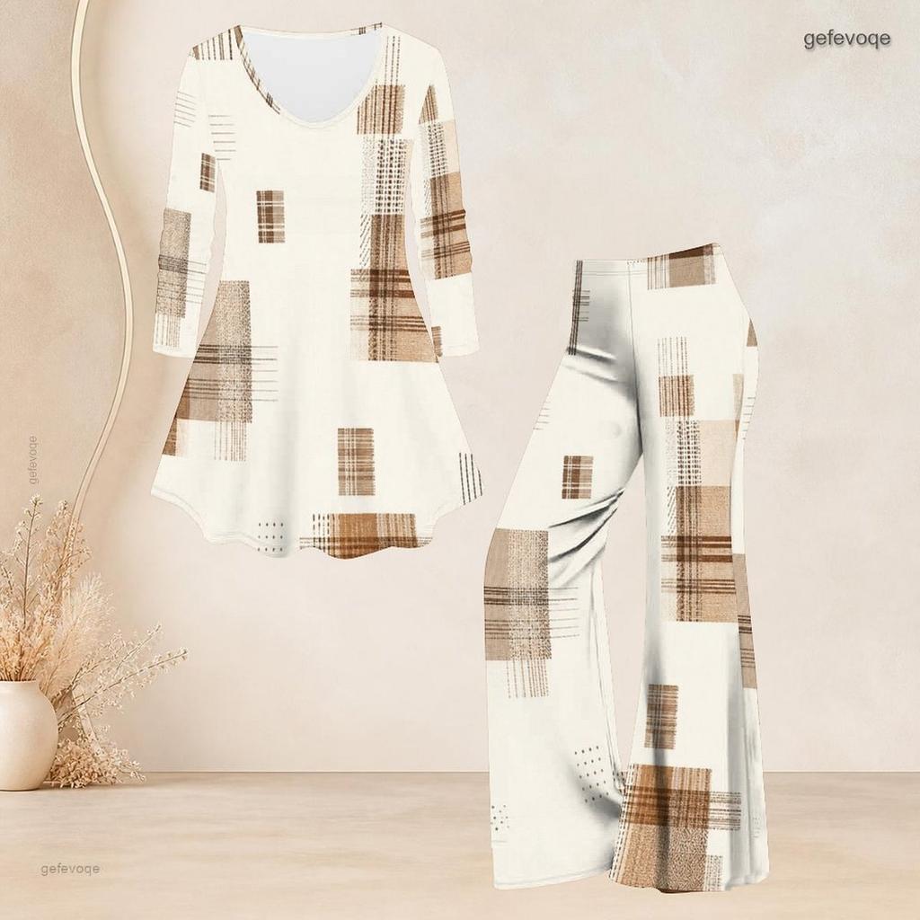 Women Plus Size V Neck Three Quarter Sleeve Brown Beige Printed Flared Top Flared Pants Two Piece Set