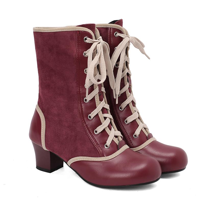 2024 Осень Зима Ретро Женские Ботильоны Смешанные Цвета Косплей Ботинки ПУ Пэчворк Флок Удобные Массивные Каблуки Обувь