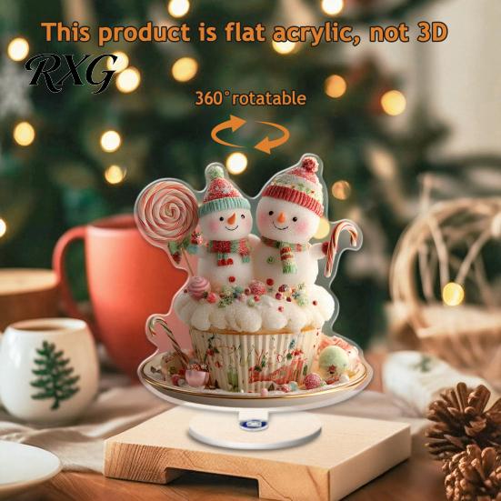 Double Sided Acrylic Decor Rotating Desktop Ornament, 2D Flat Christmas Santa Snowman Cupcake Plaque with Gift for Home Base Winter Bookshelf, Mantel,