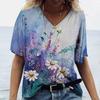 Летний топ с V-образным вырезом, 3D принтом в виде бабочек и цветов, модная повседневная женская футболка с коротким рукавом
