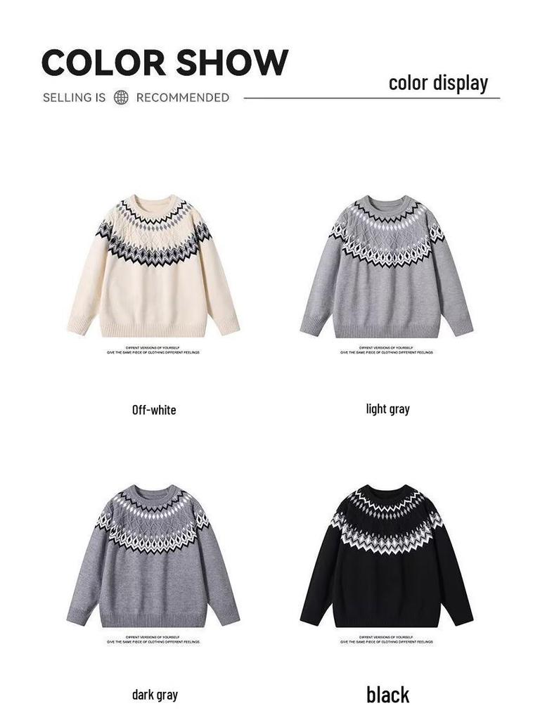 Мужской ретро свитер из жаккардового трикотажа - Свободный крой, повседневный пуловер с круглым вырезом для осени/зимы