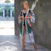 EDOLYNSA Ethnic Style Swimwear Cover Up Retro Print Lace Up Women Summer Long Kimono Dress Beachwear Bikini Cover Up Q1521