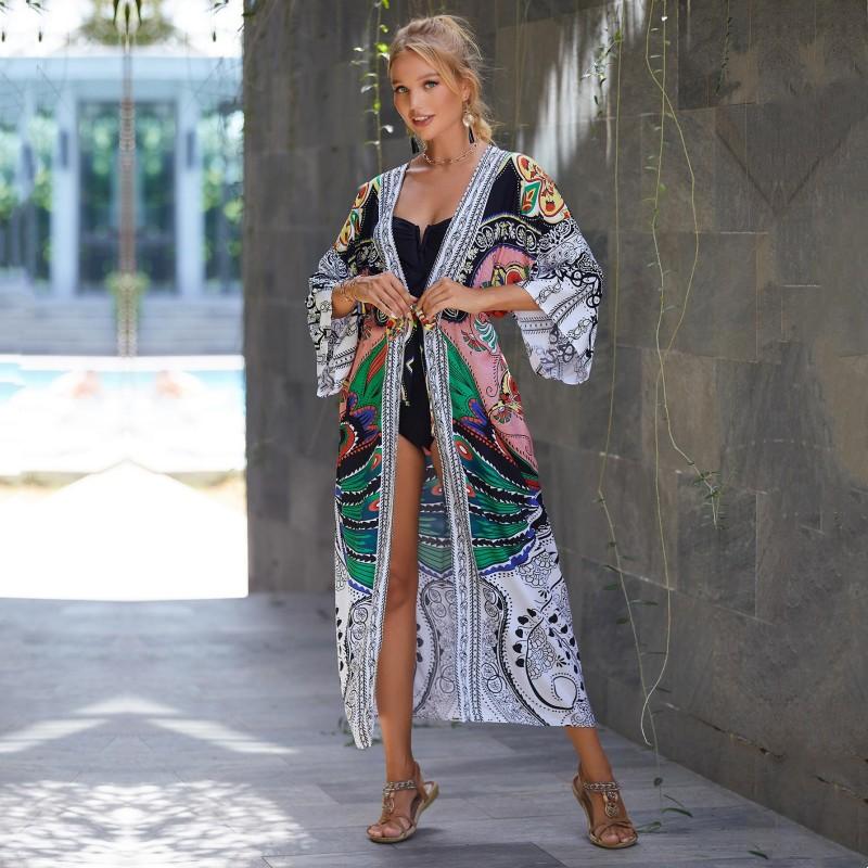 Этнический стиль купальник накидка ретро принт шнуровка женское летнее длинное кимоно платье пляжная одежда бикини накидка