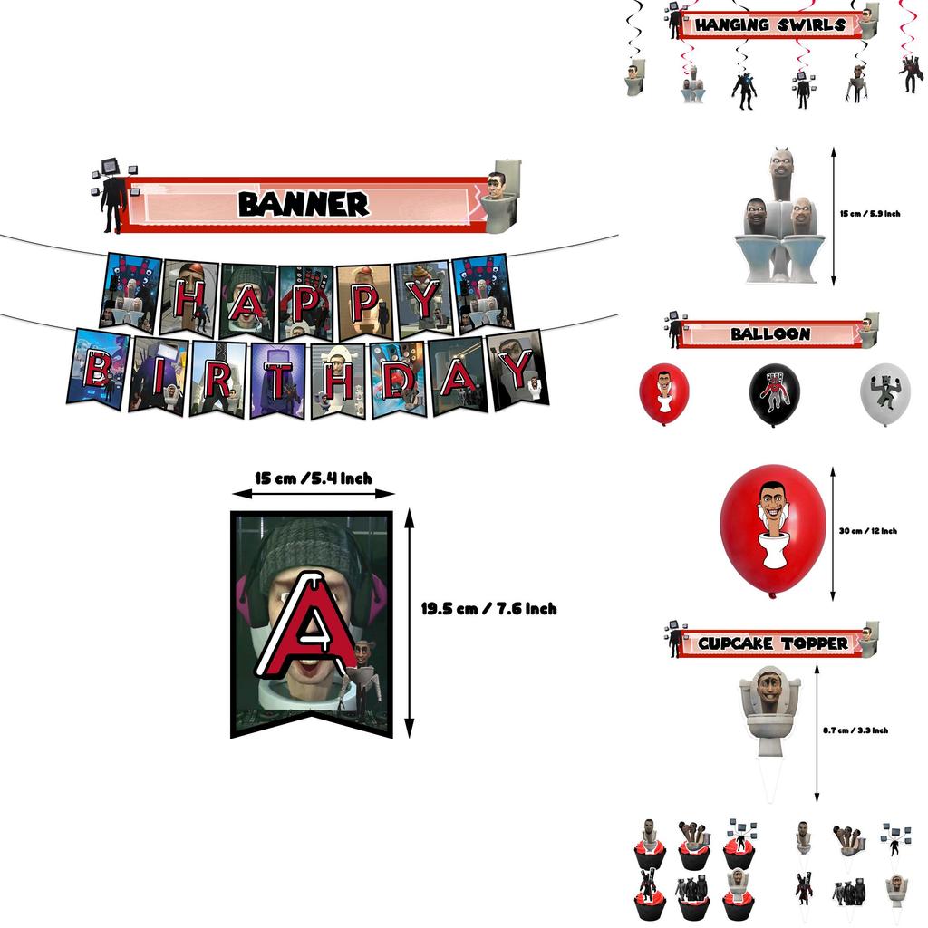 Набор для украшения дня рождения в стиле Skibidi Toilet Тематический топпер для торта-монстра, бумажные флажки, воздушные шары и многое другое!
