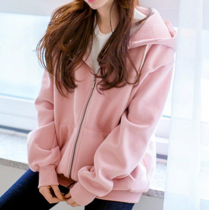 Women Hooded Fleece Long Sleeve Loose Casual Zip Pockets Solid Jacket Coat