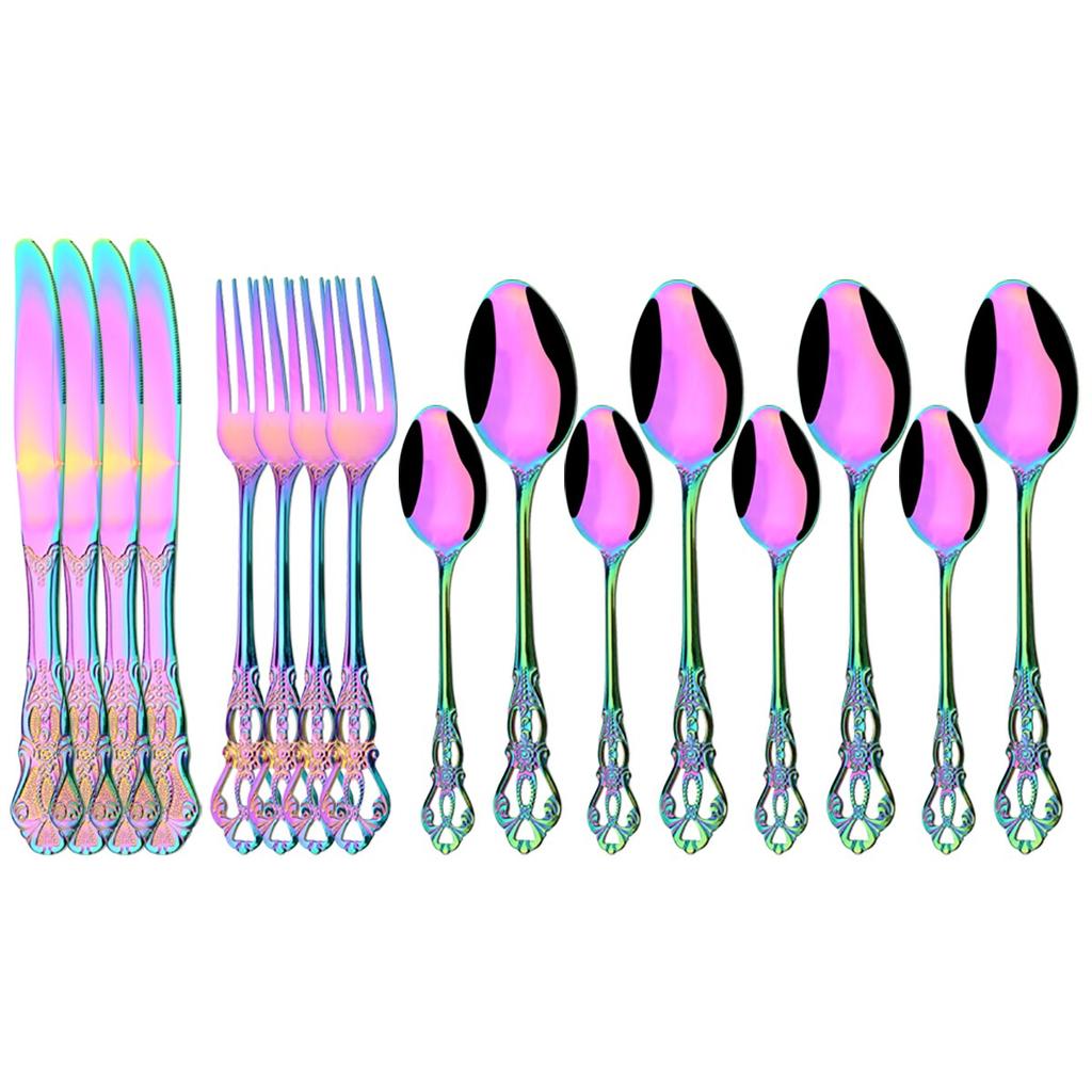 16Pcs Stainless Steel Cutlery Set Vintage Hollow Gold Tableware Knife Fork Tea Ice Spoon Dinnerware Set Wedding Party Silverware