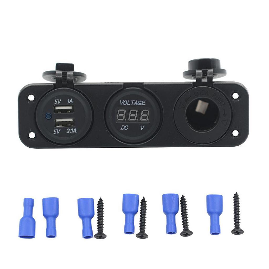 Car Boat Dual USB Charger + LED Voltmeter + Power Outlet Socket 3 Holes Panel
