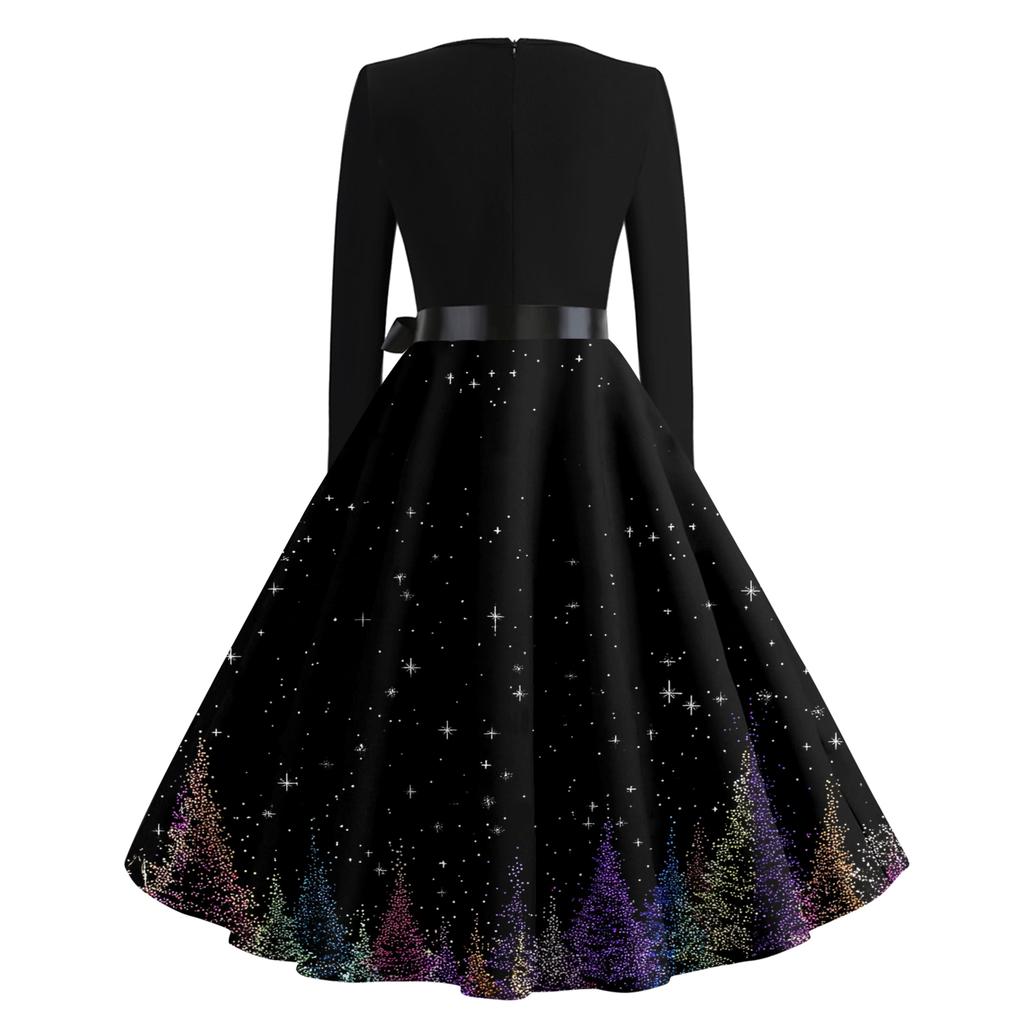 Women's Casual Fashion Round Neck Long Sleeve Christmas Printed Party Vintage Long Dresses